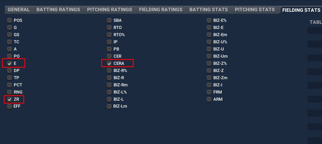 Customize View FIELDING STATS tab with E ZR CERA