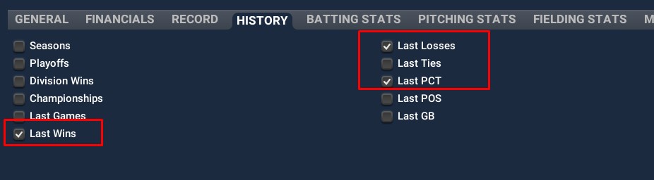 Customize View HISTORY last season record columns